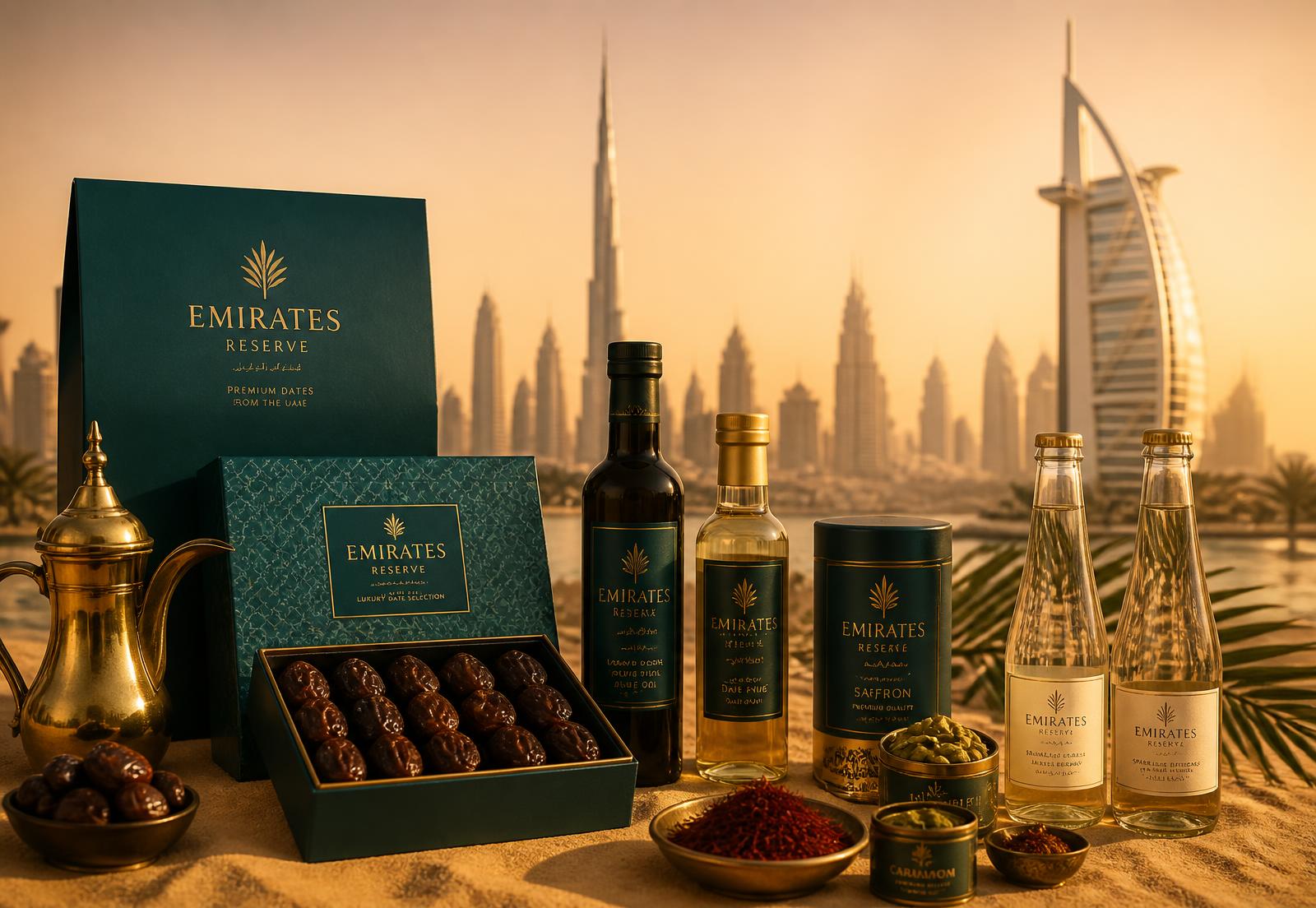 Premium food and beverage products in front of the Dubai skyline